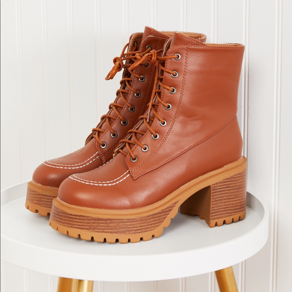 Lace Up Tan Platform Fall Boots - Picture 1 of 9